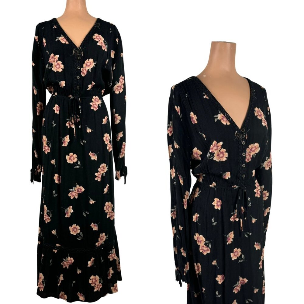 Boho Black Floral Maxi Dress Lightweight Gauzy Feminine Farmcore Cottagecore